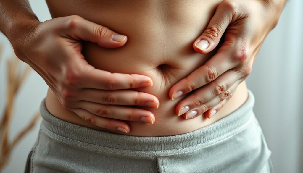 A close-up shot of a person's abdomen, with hands gently massaging the lower belly area. The skin has a slightly reddened, irritated appearance, conveying discomfort. The lighting is soft and diffused, creating a soothing, calming atmosphere. The background is blurred, keeping the focus on the central action. The pose and expression of the hands suggest a sense of care and attention, as if the person is trying to alleviate their digestive distress. Muted, earthy tones predominate, adding to the tranquil, therapeutic mood.