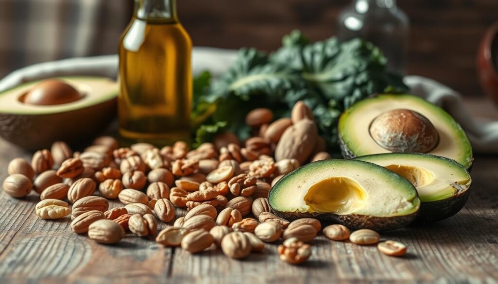 A close-up shot of a selection of healthy fats and nutritious foods arranged on a rustic wooden table. In the foreground, an assortment of nuts, avocado slices, and olive oil in a glass bottle are prominently displayed. In the middle ground, some leafy greens, such as kale or spinach, add a vibrant pop of color. The background features a subtle backdrop of natural textures, like a linen cloth or a wooden surface, creating a warm, earthy atmosphere. The lighting is soft and diffused, highlighting the natural tones and textures of the ingredients. The overall composition conveys a sense of balance, health, and the importance of incorporating wholesome fats into a well-rounded diet.