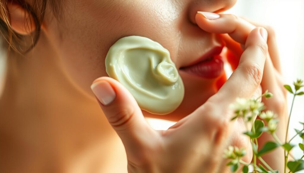 A close-up shot of a woman's hands delicately applying a creamy, light green herbal preparation derived from the Alchemilla mollis plant, commonly known as lady's mantle. The product is being massaged gently into the skin of the face, revealing the plant's natural cosmetic properties. Soft, diffused natural lighting illuminates the scene, casting a warm, soothing ambiance. The background is blurred, keeping the focus on the application process and the plant's medicinal qualities. The overall mood is one of natural wellness and holistic self-care.