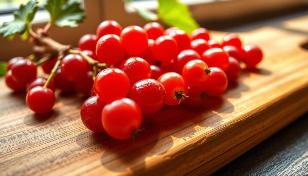 A close-up shot of ripe, glistening red currants on a wooden cutting board. The currants are arranged in a neat row, their translucent skin revealing the tart, juicy flesh within. Soft, diffused lighting from a window casts a warm, natural glow on the scene, accentuating the vibrant hues of the berries. The wooden board provides a rustic, textured backdrop, complementing the delicate nature of the currants. The image conveys a sense of freshness, simplicity, and the care required when pruning and harvesting these delicate, flavorful berries.