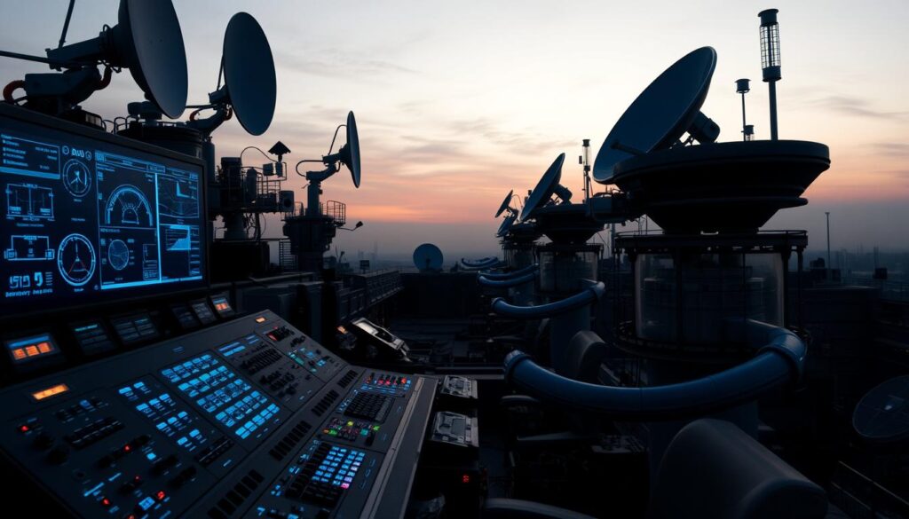 A close-up view of a complex array of technological instruments and devices, including satellite dishes, radar systems, and advanced sensors, arrayed against a hazy, twilight sky. The foreground is dominated by a massive, futuristic-looking control panel with numerous readouts, gauges, and switches, casting an eerie blue glow. In the middle ground, sleek, state-of-the-art robotic arms and automation systems are working tirelessly to monitor and adjust the various systems. The background is shrouded in a sense of mystery and uncertainty, with the Earth's horizon visible, hinting at the global implications of the accelerated rotation. The scene conveys a mood of scientific urgency, technological innovation, and the profound challenges posed by this natural phenomenon.