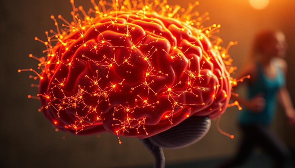 A close-up view of a human brain, pulsing with vibrant energy and activity. The cortex is alive with a network of neurons firing in synchronicity, creating a mesmerizing display of movement and connection. In the background, a blurred scene of an individual engaged in physical exercise, their body in motion, conveying the intimate relationship between physical activity and neural plasticity. Warm, soft lighting illuminates the scene, creating a sense of depth and dimension. The image evokes a profound understanding of the dynamic interplay between the brain and bodily movement, underscoring the vital role of exercise in maintaining cognitive health and mental fitness.