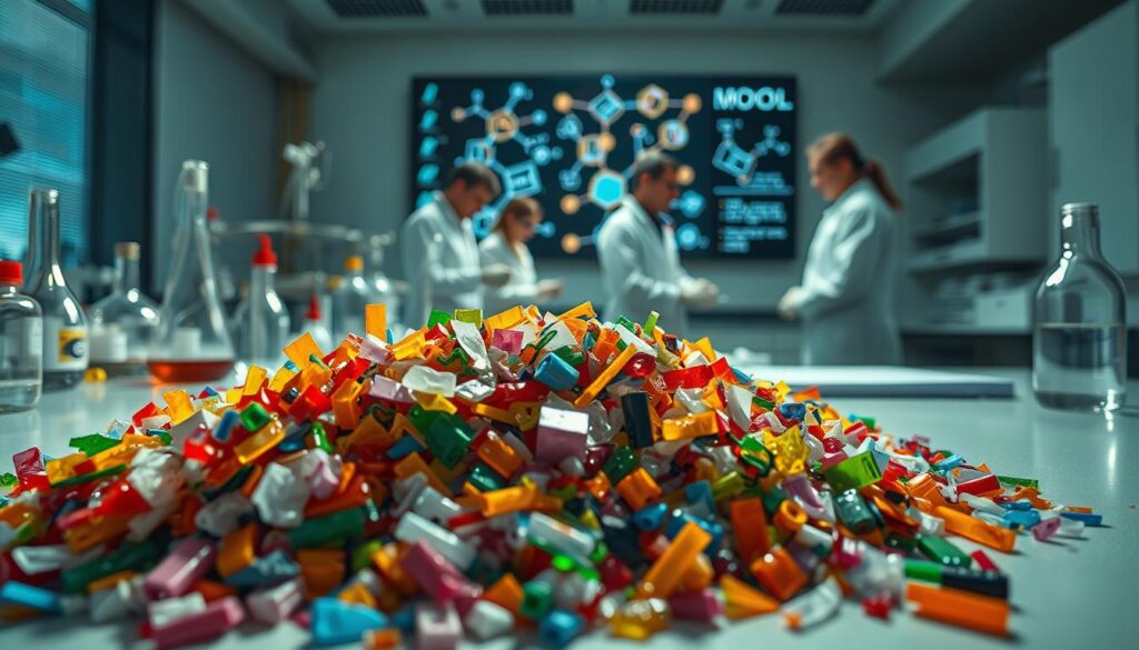 A close-up view of a laboratory workbench, with various glass beakers, test tubes, and other scientific equipment. In the foreground, a pile of colorful plastic waste is being carefully examined by a team of researchers in white lab coats. The lighting is bright and clinical, casting sharp shadows and highlighting the intricate textures of the plastic fragments. In the background, a large display screen shows molecular structures and chemical formulas, suggesting the ongoing analysis and experimentation. The overall mood is one of scientific curiosity and the potential to transform waste into a valuable resource for medical applications.