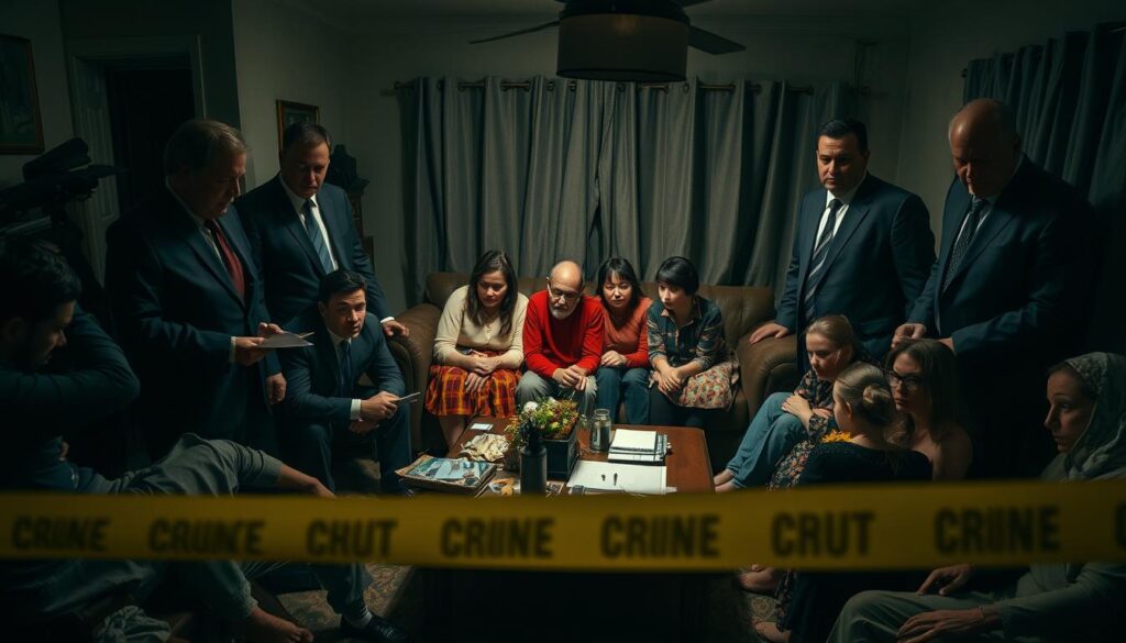 A close-up view of a large, extended family under intense scrutiny from a team of investigators. The scene is set in a dimly lit, cramped living room, with the family members seated around a cluttered coffee table, their expressions tense and apprehensive. The investigators, dressed in crisp suits and holding notepads, surround the group, their faces cast in the harsh, dramatic lighting of a crime scene. The atmosphere is heavy with unease, as if the weight of a looming criminal investigation hangs palpably in the air. The image captures the unsettling juxtaposition of a seemingly ordinary family gathering and the intrusion of law enforcement, hinting at the underlying tensions and secrets that have drawn the authorities to this scene.