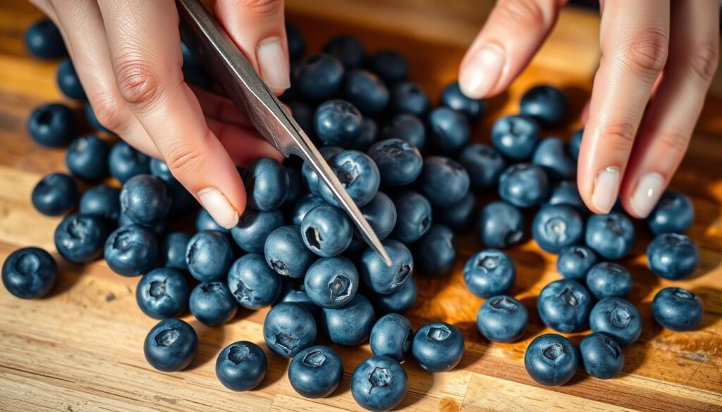 A close-up view of a person's hands carefully snipping fresh, plump blueberries from a cluster on a wooden cutting board. The berries are a deep, vibrant blue against the warm, rustic wood. Soft, natural lighting casts a gentle glow, highlighting the intricate textures of the berries and the delicate movement of the scissors. The composition is balanced, with the blueberries taking center stage, surrounded by a simple, uncluttered background that allows the subject to shine. The overall mood is serene and inviting, reflecting the simple pleasure of preparing these healthy, flavorful berries.