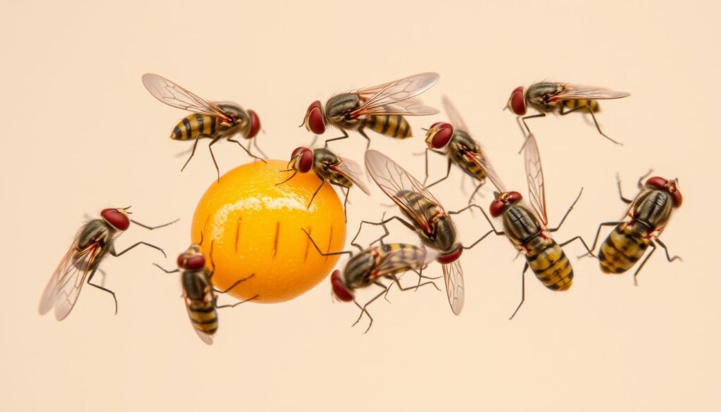 A close-up view of several common fruit flies, each exhibiting a distinct error or mistake in their behavior. The flies are depicted against a simple, muted background, with soft, natural lighting highlighting their intricate features. The flies are shown in various poses, such as landing on overripe fruit, swarming around a spilled beverage, or struggling to escape a makeshift trap. The image conveys a sense of scientific observation and educational purpose, without any distracting elements or text. The overall tone is one of informative, yet visually engaging, illustration of the "common mistakes" made by these ubiquitous household pests.