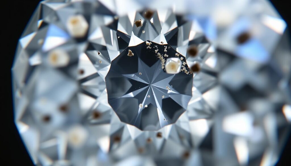 A close-up view of the internal structure of a diamond, showcasing its intricate crystalline lattice and the presence of inclusions. The image should be captured with a macro lens, revealing the diamond's stunning refractive properties and the unique patterns created by the trapped foreign materials within. The lighting should be diffused and soft, emphasizing the clarity and brilliance of the gemstone. The focus should be sharply on the central diamond, with a slightly blurred, dark background to isolate the subject and draw the viewer's attention. The overall tone should convey a sense of wonder and appreciation for the complexity and beauty of the diamond's composition.