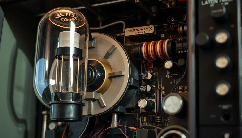 A close-up view of the internal workings of a vintage cathode ray tube (CRT) television, showcasing the intricate engineering and design of this classic display technology. Prominent in the foreground, the large, glass vacuum tube is visible, its electron gun assembly meticulously detailed. Surrounding it, a complex array of deflection coils, capacitors, and circuitry board components are arranged in a visually striking, almost sculptural composition. The lighting is soft and directional, casting subtle shadows that accentuate the depth and texture of the components. The overall atmosphere is one of technical elegance and historical significance, reflecting the engineering marvels that enabled the development of early television displays.