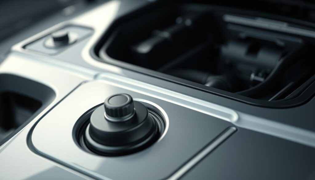 A close-up view of the intricate technical details and specifications of a modern automobile fuel tank. The tank is rendered in high-resolution, showcasing its sleek, streamlined design with precision engineering. The scene is illuminated by soft, directional lighting that accentuates the contours and textures of the metal and plastic components. The perspective is slightly elevated, allowing the viewer to appreciate the tank's form and the thoughtful integration of its various parts, such as the fuel inlet, fuel level sensor, and protective shielding. The overall mood is one of technical sophistication and attention to detail, reflecting the careful engineering that goes into the design of a vehicle's fuel system.