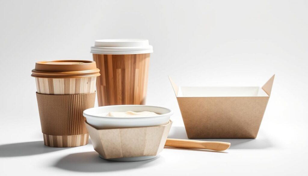 A close-up view of various bamboo-based tableware items, including a coffee cup, a yogurt container, and a takeaway food box, all against a plain white background. The objects are illuminated from the side, casting soft shadows and highlighting their textured surfaces. The lighting creates a clinical, analytical atmosphere, emphasizing the focus on potential health risks associated with these products. The image conveys a sense of scientific scrutiny, inviting the viewer to examine the items for signs of potential contaminants or hazardous materials. The overall composition is balanced and minimalist, allowing the subjects to take center stage and communicate the central message of the article section.