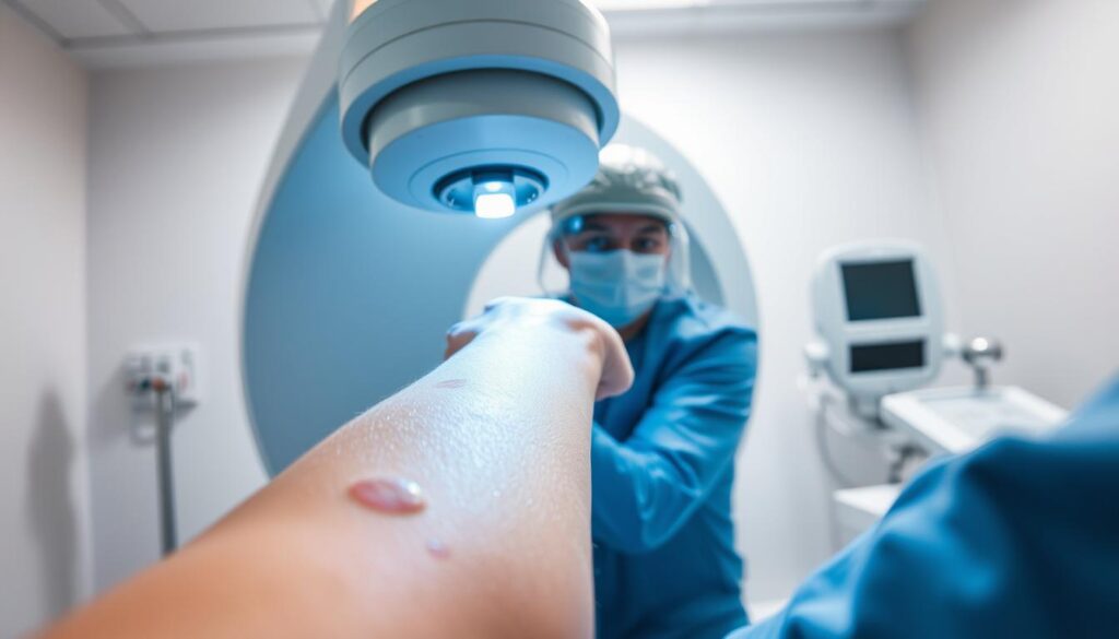 A closeup of a person's arm undergoing radiation therapy for skin cancer treatment. The foreground shows the patient's arm with skin lesions and a radiation therapy machine positioned above it, emitting a beam of light. The middle ground reveals the medical professional carefully operating the machine, their face obscured by protective gear. The background is a sterile, clinical environment with white walls and equipment, conveying a sense of a medical setting. The lighting is bright and directional, creating stark shadows and highlights to emphasize the technical nature of the procedure. The overall mood is one of seriousness and focus, reflecting the gravity of the situation but also the hope of successful treatment.