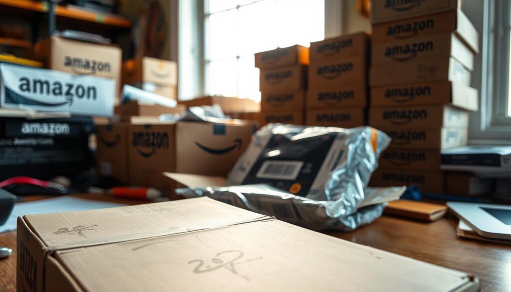 A cluttered desk with various Amazon Warehouse items in varying states of disrepair. In the foreground, a slightly dented box with a visible scratch on the side. In the middle ground, a partially opened package revealing a product with minor cosmetic imperfections. In the background, a stack of Amazon Warehouse-labeled boxes, some with scuffed corners. Warm, natural lighting filters through a window, casting a soft glow on the scene. The overall mood is one of honest assessment, showcasing the typical condition of Amazon Warehouse merchandise.