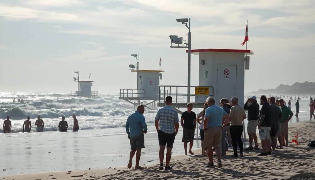 A coastal community gathers amidst a swell of concern, examining the beach with a heightened sense of caution. Strand Sicherheitsmaßnahmen, or beach safety measures, are hastily implemented - sturdy lifeguard towers dotting the shoreline, warning signs erected, and surveillance cameras scanning the waves. The atmosphere is palpable, a mix of apprehension and resolve, as the locals navigate this delicate balance between enjoying the ocean's allure and ensuring their collective safety. Soft, diffused sunlight filters through wispy clouds, casting a contemplative mood over the scene. Carefully composed, the image captures the essence of a community coming together to address the recent shark attack, their unity and resilience shining through in the face of this unexpected challenge.