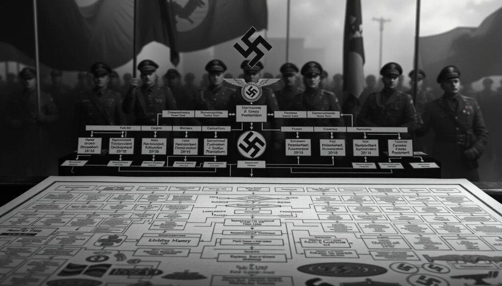 A complex organizational structure of the Schutzstaffel (SS) during the Nazi regime, captured in a high-resolution, photorealistic illustration. In the foreground, a detailed schematic diagram depicts the intricate web of departments, divisions, and command hierarchies that formed the backbone of this powerful paramilitary organization. The middle ground showcases the emblems, insignia, and uniforms that instilled fear and authority. In the background, a somber, monochromatic palette conveys the ominous atmosphere and totalitarian control exerted by the SS over German society. The image is rendered with a sharp focus, dramatic lighting, and a sense of precision, reflecting the meticulous bureaucracy that enabled the SS to carry out its sinister agenda.