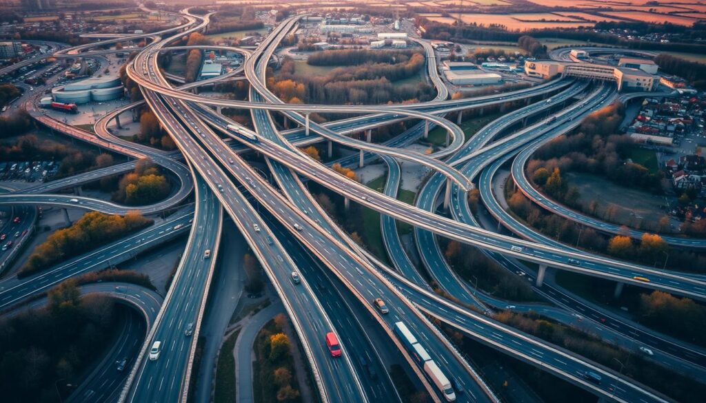A complex traffic network spanning across German federal states, with cars, trucks, and buses navigating through dense urban areas and winding rural roads. Aerial perspective capturing the full scope of this intricate transportation system, with major highways, secondary roads, and regional byways weaving together. The scene is bathed in warm, golden-hour light, casting long shadows and creating a sense of depth and dimensionality. Subtle hues of blue and green in the distance, hinting at the varied landscapes beyond. An accurate, detailed representation of the challenges and bottlenecks faced by travelers beyond the borders of North Rhine-Westphalia.