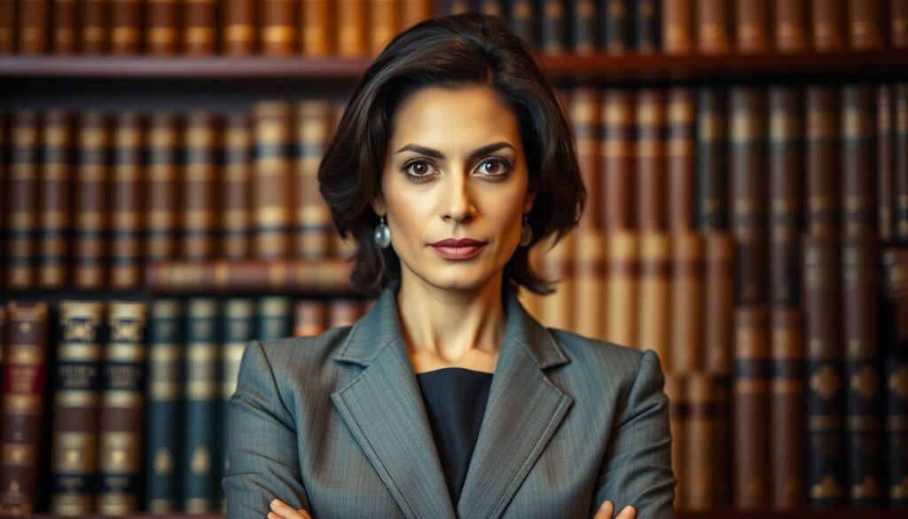 A confident and composed Amal Clooney, dressed in a tailored gray pantsuit, stands with resolute poise against a backdrop of books and legal tomes. Her piercing gaze radiates intelligence and determination, conveying her unwavering commitment to human rights advocacy. Warm, directional lighting illuminates her face, casting subtle shadows that accentuate her sharp features. The composition is framed with a shallow depth of field, drawing the viewer's attention to Amal's powerful presence. An aura of quiet strength and moral authority surrounds her, reflecting her role as a formidable voice for justice on the global stage.