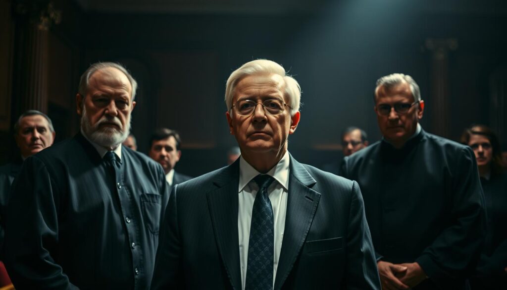 A courtroom setting with Alfons Schuhbeck, a renowned German chef, standing trial. The scene is tense and somber, with Schuhbeck dressed in a suit, facing a panel of stern-faced judges. The lighting is dramatic, casting deep shadows across the room, emphasizing the gravity of the proceedings. In the background, the court's architecture is visible, with ornate columns and high ceilings, hinting at the formality and tradition of the judicial system. The overall atmosphere conveys the weight of the alleged crimes of tax evasion and insolvency mismanagement, with a sense of unease and anticipation permeating the scene.