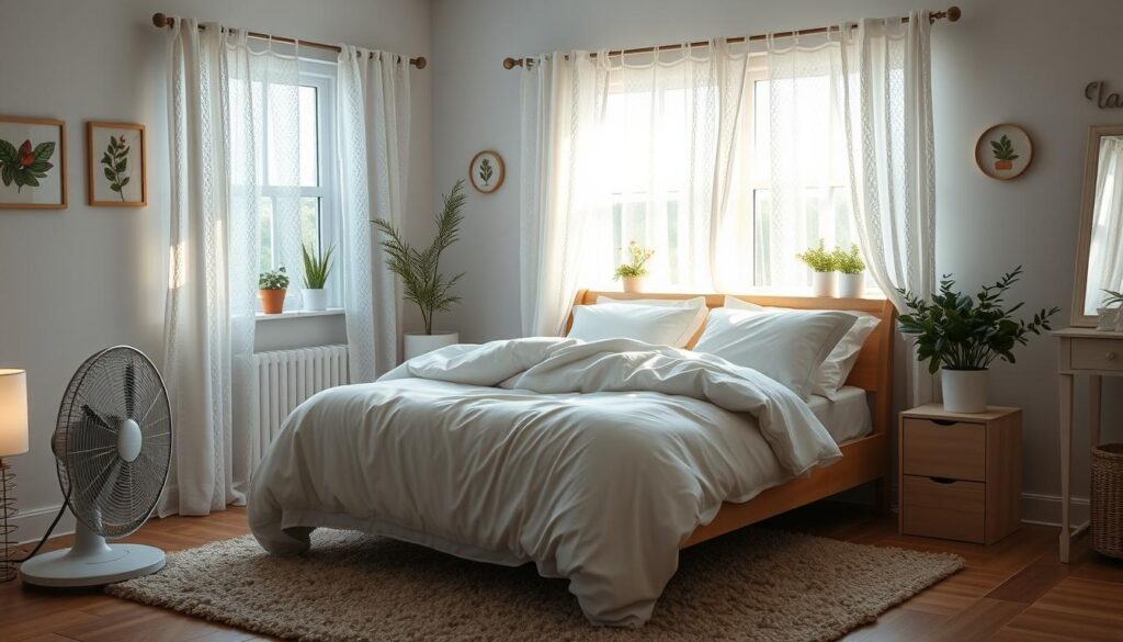 A cozy and cool bedroom, bathed in soft, ambient lighting. The bed is adorned with crisp, white linens and plush pillows, inviting a restful slumber. Delicate lace curtains flutter gently, allowing a cool breeze to flow through the open windows, offering respite from the summer heat. A discreet floor fan gently circulates the air, creating a soothing, natural white noise. Subtle, nature-inspired wall decor and potted plants add a calming, fresh touch, while a plush, neutral-toned rug grounds the space. An overall sense of tranquility and comfort pervades the scene, promising a peaceful, rejuvenating night's sleep.
