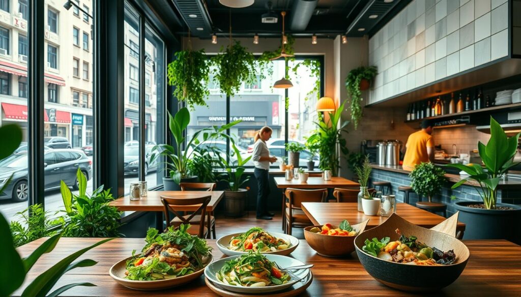 A cozy and inviting restaurant interior with a focus on healthy, fresh cuisine. A large window overlooking a bustling city street, allowing natural light to flood the space. Wooden tables and chairs, complemented by lush greenery and potted plants, creating a serene and earthy ambiance. In the foreground, a selection of vibrant, nutrient-rich dishes are presented, showcasing the restaurant's commitment to clean eating. The middle ground features servers attentively tending to patrons, highlighting the attentive service. The background depicts an open kitchen, where chefs skillfully prepare dishes using premium, locally-sourced ingredients. The overall scene conveys a sense of wellness, sustainability, and a genuine dining experience that nourishes both the body and the soul.