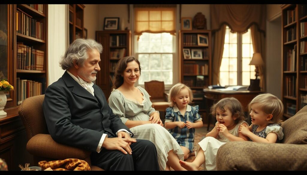 A cozy, domestic scene in the Schiller household. In the foreground, Friedrich Schiller and his wife Charlotte sit together, engaged in quiet conversation. Their expressions convey a sense of intimacy and contentment. In the middle ground, their young children play nearby, their laughter and energy contrasting with the adults' tranquility. The background depicts a well-appointed study, with bookshelves lining the walls and a writing desk, hinting at Schiller's literary pursuits. Soft, warm lighting from a nearby window casts a gentle glow, creating a sense of comfort and family. The overall atmosphere is one of domestic bliss, capturing the private joys and challenges of Schiller's personal life.