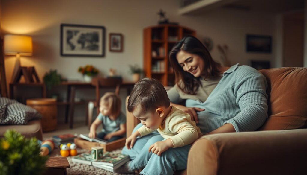 A cozy, intimate scene of a loving family in their private, domestic life. In the foreground, a warm-toned living room with plush furniture and soft textures. A couple, deeply embraced, sits on a couch, their expressions radiating affection. In the middle ground, their young child plays on the floor, surrounded by toys and books, a sense of familial bliss. The background reveals a well-appointed, tastefully decorated home, hinting at the care and attention given to the family's private space. Muted lighting casts a gentle glow, creating an atmosphere of tranquility and contentment. The overall composition conveys a sense of security, joy, and the cherished moments of Inka Bause's personal life.