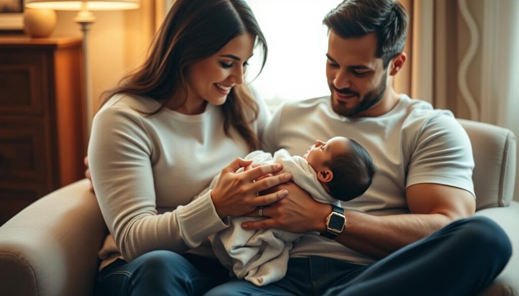 A cozy, intimate scene of new parents Olivia Culpo and Christian McCaffrey gently cradling their newborn baby. Soft, warm lighting bathes the room, creating a tranquil, loving atmosphere. The couple is seated on a plush armchair, their expressions filled with wonder and tenderness as they gaze down at the swaddled infant resting peacefully in their arms. The background is blurred, keeping the focus on the family's tender moment. The composition is balanced and soothing, conveying the profound joy and cherished first days of this new chapter in their lives.