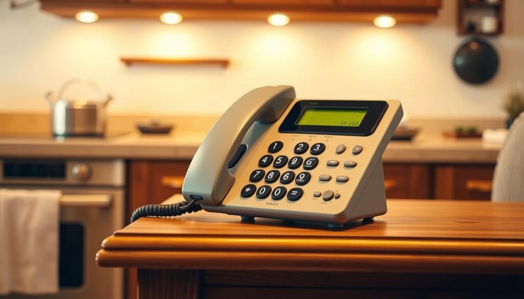 A cozy kitchen interior with a vintage-style landline telephone placed prominently on a wooden side table. The telephone has a large numeric keypad, oversized buttons, and a bright LED display, designed with senior-friendly features for easy use. The lighting is warm and soft, creating a welcoming atmosphere. The background features a simple, minimalist wall decor, allowing the telephone to take center stage. The overall scene conveys a sense of comfort and practicality, perfectly suited for the article's focus on the best corded phones for seniors.