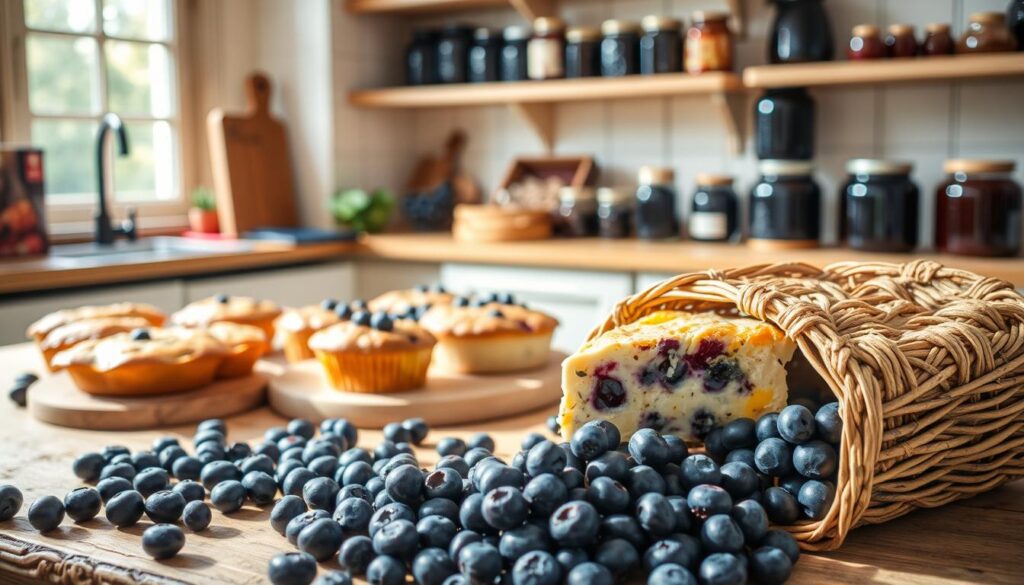A cozy kitchen scene featuring an assortment of delicious Heidelbeer-Rezepte (Blueberry Recipes). In the foreground, a rustic wooden table displays an array of tempting baked goods - perhaps a blueberry pie, muffins, and a decadent blueberry cheesecake. Sunlight filters in through a nearby window, casting a warm glow over the scene. In the middle ground, fresh blueberries spill out of a wicker basket, their deep indigo hues contrasting beautifully with the pale wooden surfaces. The background showcases shelves lined with jars of homemade blueberry preserves, syrups, and other culinary delights. An overall atmosphere of homemade comfort and countryside charm pervades the image.