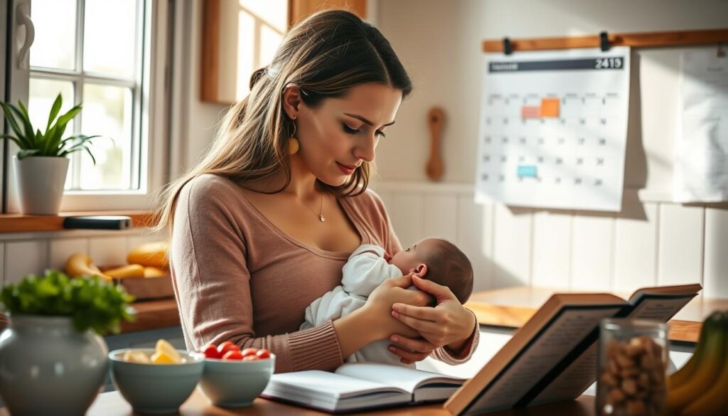 A cozy kitchen scene with a mother breastfeeding her newborn baby, surrounded by healthy snacks and a food journal to track her calorie intake. Soft natural lighting filters through the window, casting a warm glow on the intimate moment. The mother's expression is serene and focused, as she nourishes her child. In the background, a wall calendar highlights the postpartum period, underscoring the importance of this stage for both mother and baby. The overall atmosphere conveys the gentle balance between nourishing one's child and oneself during the postpartum recovery process.