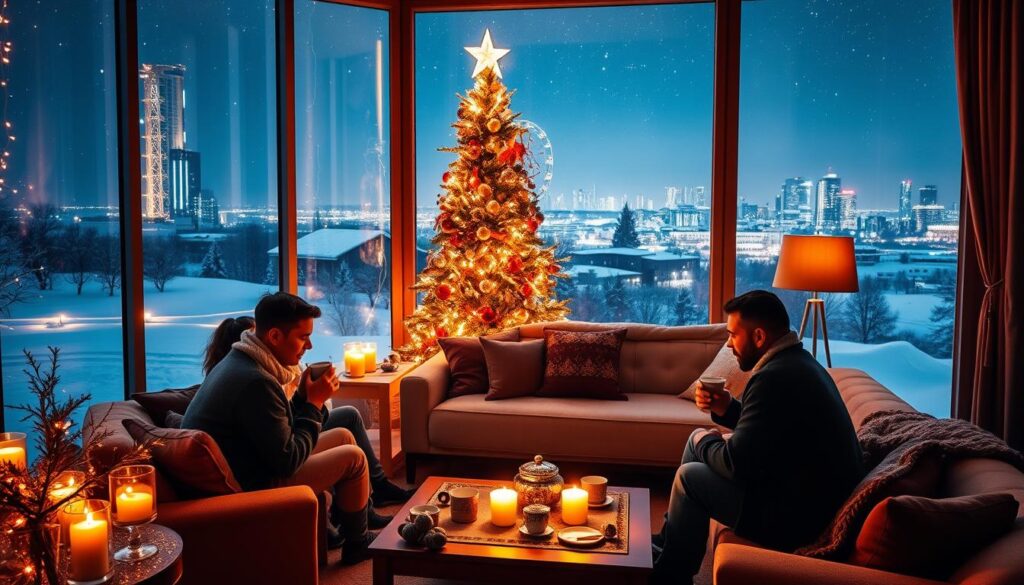 A cozy living room on New Year's Eve, with a large picture window overlooking a snowy winter landscape. In the foreground, a family gathers around a coffee table, sipping hot drinks and playing board games. Flickering candles and fairy lights add a warm, festive glow. In the middle ground, a beautifully decorated Christmas tree stands tall, with shimmering ornaments and a glowing star on top. The background features a starry night sky, with a distant cityscape visible through the window, its skyscrapers and twinkling lights reflecting the spirit of modern New Year's celebrations. The scene conveys a sense of togetherness, tradition, and the peaceful transition between the old and the new.