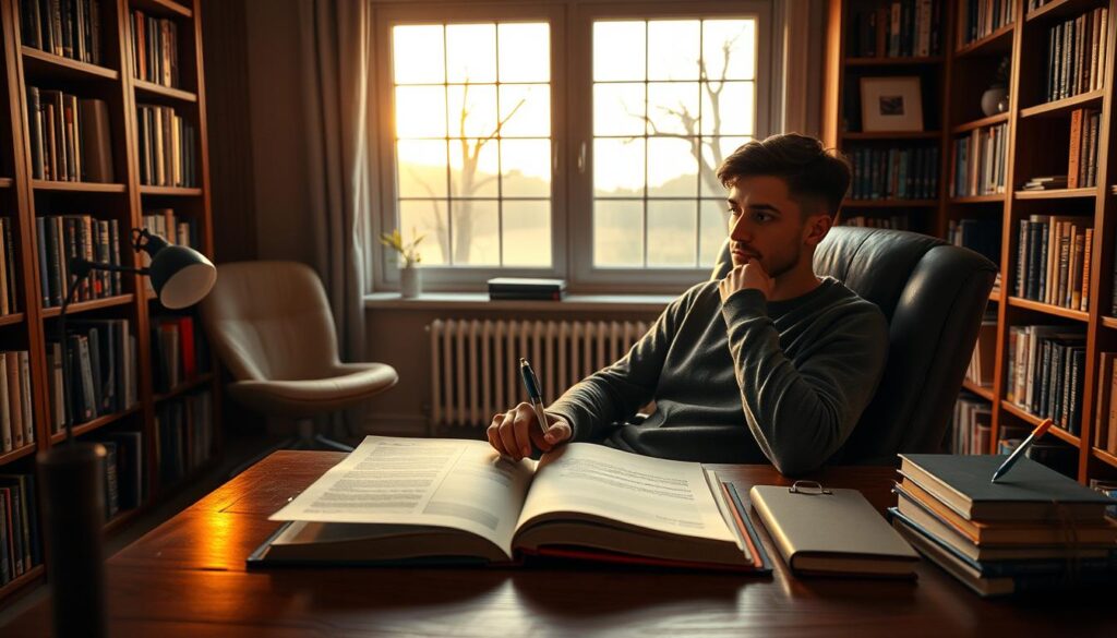 A cozy study room with warm, soft lighting illuminating an open book, pen, and other study materials on a wooden desk. A thoughtful young man is sitting in a comfortable chair, intently focused on improving his quiz knowledge through active engagement with the learning materials. The room has a tranquil, scholarly atmosphere, with bookshelves lining the walls and a large window providing a pleasant view of a serene outdoor scene. The overall composition conveys a sense of dedication, concentration, and the pursuit of academic excellence.