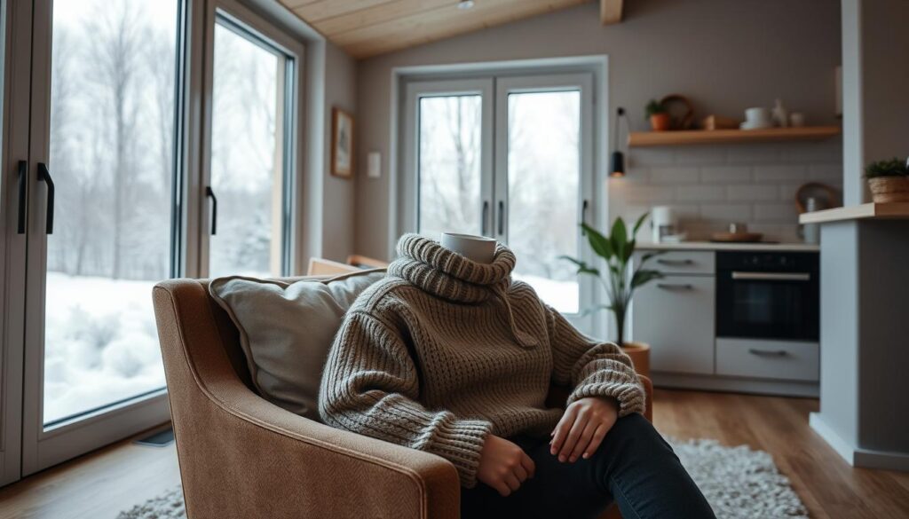 A cozy winter interior with a person wearing a thick, warm sweater and seated in a comfortable armchair. The room has large windows, allowing in natural light and views of a snowy landscape outside. Strategically placed insulation and energy-efficient appliances contribute to the overall thermal efficiency of the space. The lighting is soft and inviting, creating a sense of tranquility and relaxation. A potted plant or other natural elements add a touch of greenery, complementing the muted color palette. The composition emphasizes the harmony between the individual's attire, the room's design, and the efficient use of energy, conveying the concept of "Wärmeeffizienz durch Kleidung und Raumplanung".