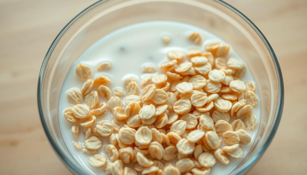 A crisp, close-up view of a glass bowl filled with plump, golden-hued oat flakes, gently soaking in a pool of fresh, creamy milk. The oats have a soft, pillowy texture, their edges slightly curled from the liquid's gentle embrace. Soft, diffused lighting from above casts a warm, inviting glow, highlighting the delicate patterns and subtle variations in the oat flakes' surfaces. The bowl rests on a clean, minimalist wooden table, creating a simple, uncluttered backdrop that allows the primary subject to take center stage. The overall scene conveys a sense of thoughtful preparation and the comforting ritual of a nourishing morning meal.