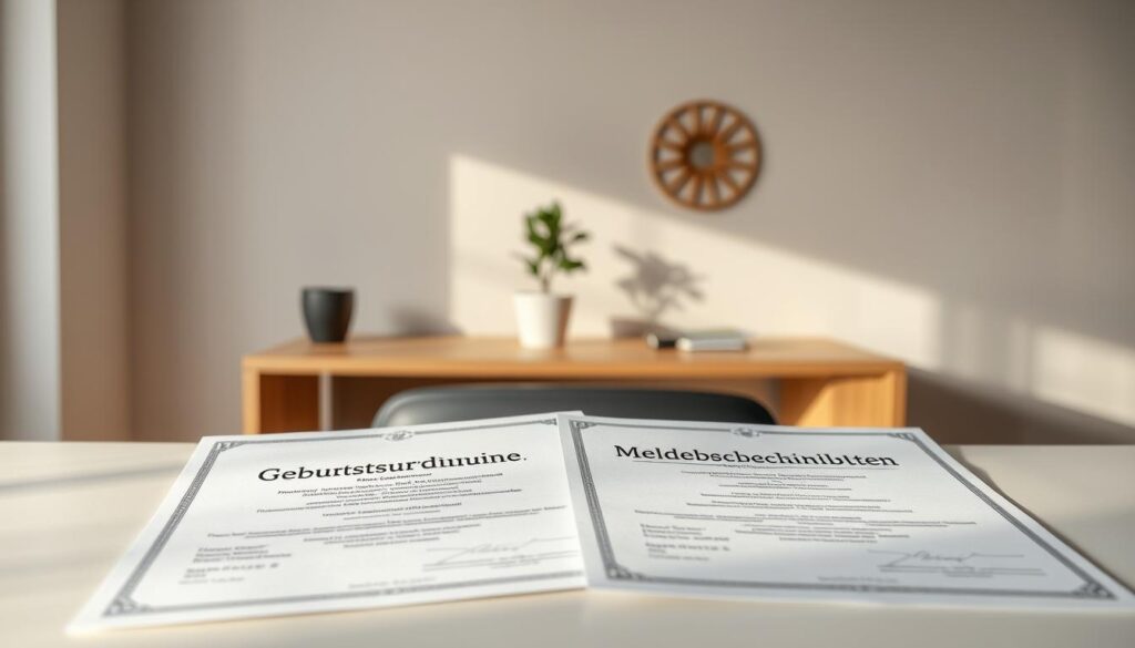 A crisp, official-looking document set against a muted, professional backdrop. In the foreground, a Geburtsurkunde (birth certificate) and Meldebescheinigung (registration certificate) lie side by side, their edges crisply defined and their surfaces subtly textured. The documents are illuminated by soft, directional lighting, casting delicate shadows that lend depth and dimension. The middle ground features a neutral, minimalist office setting - a wooden desk, a potted plant, and a tasteful wall decor piece. The background is a clean, uncluttered space, with muted tones that allow the official documents to take center stage. The overall composition conveys a sense of order, authority, and attention to detail, perfectly suited to illustrate the section on "Geburtsurkunde und Meldebescheinigung".