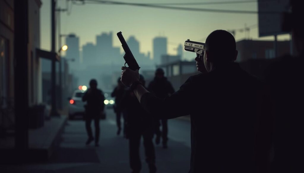 A critical examination of immigration enforcement methods, showcasing the tense confrontation between authorities and a defiant individual during an ICE raid in California. The scene depicts a dimly lit urban setting, with the foreground dominated by the resolute figure of a man, his hand gripping a firearm as he stands in opposition to the approaching government agents. The middle ground is a haze of uncertainty, with blurred silhouettes of law enforcement personnel advancing cautiously. In the background, the shadowy cityscape serves as a somber backdrop, reflecting the gravity and complexity of the situation. The image conveys a sense of unease, highlighting the need for a critical examination of the tactics and policies employed by immigration authorities.
