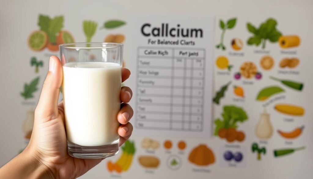 A cross-section of a human hand holding a glass of milk, illuminated by soft, natural lighting. In the foreground, the milk appears creamy and inviting, highlighting its calcium-rich properties. In the middle ground, a nutritional chart showcases the importance of calcium in a balanced diet. The background features stylized illustrations of various calcium-rich foods, including leafy greens, nuts, and fortified plant-based alternatives. The overall scene conveys the essential role of calcium in maintaining bone health and overall well-being, providing a visually engaging representation of the topic "The Role of Calcium in Nutrition".