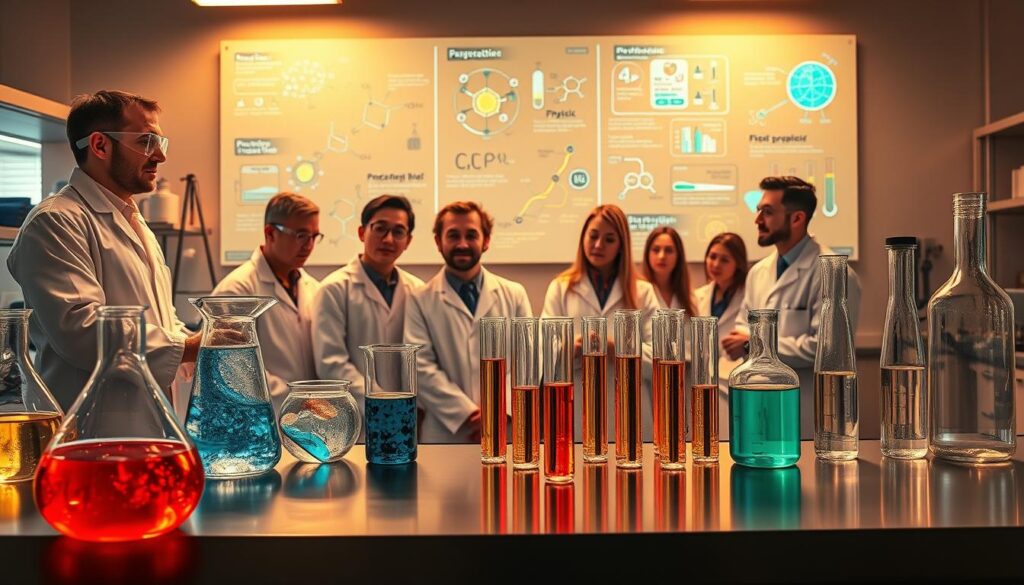 A cross-section of a laboratory setting, illuminated by warm, focused lighting. In the foreground, glass beakers and test tubes filled with colorful, bubbling liquids sit atop a sleek, stainless steel workbench. In the middle ground, a team of scientists in white lab coats and safety goggles intently observe their experiments, their expressions intense with scientific curiosity. In the background, a wall-mounted display shows molecular diagrams, chemical equations, and other visualizations of the complex biochemical processes involved in the transformation of plastic into paracetamol. The overall atmosphere is one of scientific discovery, innovation, and the relentless pursuit of knowledge.