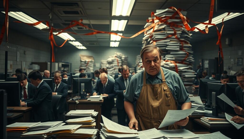 A crowded bureaucratic office, dimly lit with harsh fluorescent lighting. In the foreground, a harried baker in a tattered apron navigates a maze of forms and documents, his expression one of exasperation. Around him, faceless clerks in suits pore over paperwork, their faces obscured by computer screens. In the background, a towering pile of red tape and stamped documents, casting a pall over the entire scene. The atmosphere is oppressive, the mood one of stifling bureaucracy and the suffocating weight of regulation, robbing the joy from the once-vibrant world of the baker's craft.