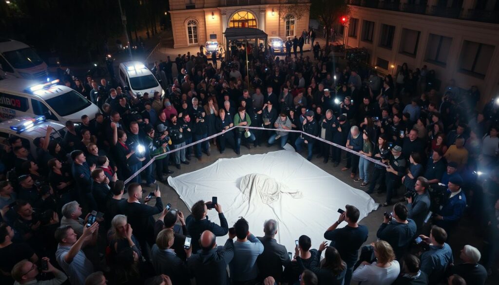 A crowded public square, bustling with people and media crews. In the center, a large police cordon surrounds a peculiar scene - a white sheet covers an object on the ground, piquing the curiosity of onlookers. Flashing lights from police vehicles create an eerie atmosphere as reporters and camera crews scramble to capture the unfolding events. Concerned citizens gather, whispering and speculating, their faces etched with a mix of shock and intrigue. The air is thick with the buzz of smartphones and the flurry of activity, as the "Medienecho" - the media echo - surrounds this unexpected and perplexing situation.