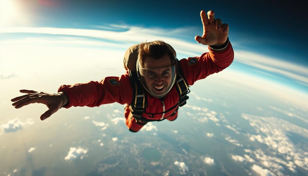 A daring free-fall silhouette against a dramatic sky, Felix Baumgartner poised for his record-breaking leap from the edge of space. Diffused light casts a heroic glow, highlighting his fearless expression as he prepares to defy gravity. The curvature of the Earth stretches out below, a breathtaking panorama framing this extraordinary moment of a life dedicated to the pursuit of human potential. Sleek, high-tech equipment surrounds him, testament to the engineering feats that enabled this pioneering feat. Captured in a cinematic, wide-angle perspective, this image conveys the sheer scale and audacity of Baumgartner's career as an extreme sports visionary.