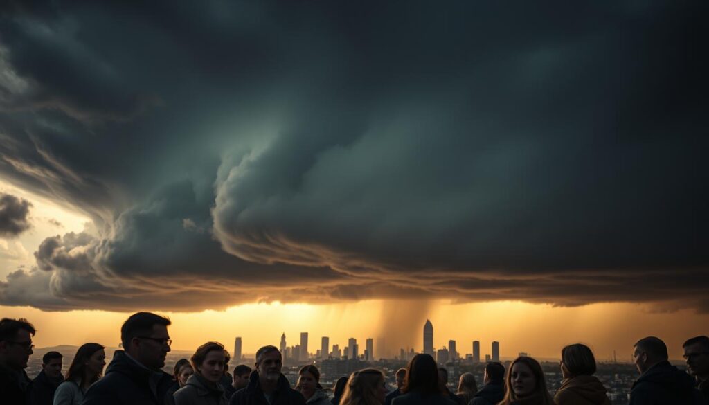 A dark and ominous cloud formation looms over a cityscape, casting an eerie shadow and signifying the potential dangers of weather manipulation. In the foreground, a group of concerned citizens gathers, their expressions conveying a mix of apprehension and skepticism. The lighting is dramatic, with a subtle mix of warm and cool tones, creating a sense of tension and foreboding. The angle is slightly elevated, allowing the viewer to survey the scene from a bird's-eye perspective, emphasizing the scale and scope of the issue. The overall mood is one of unease and scientific uncertainty, reflecting the "Kritik und wissenschaftliche Zweifel" (Criticism and Scientific Doubts) theme of the article section.