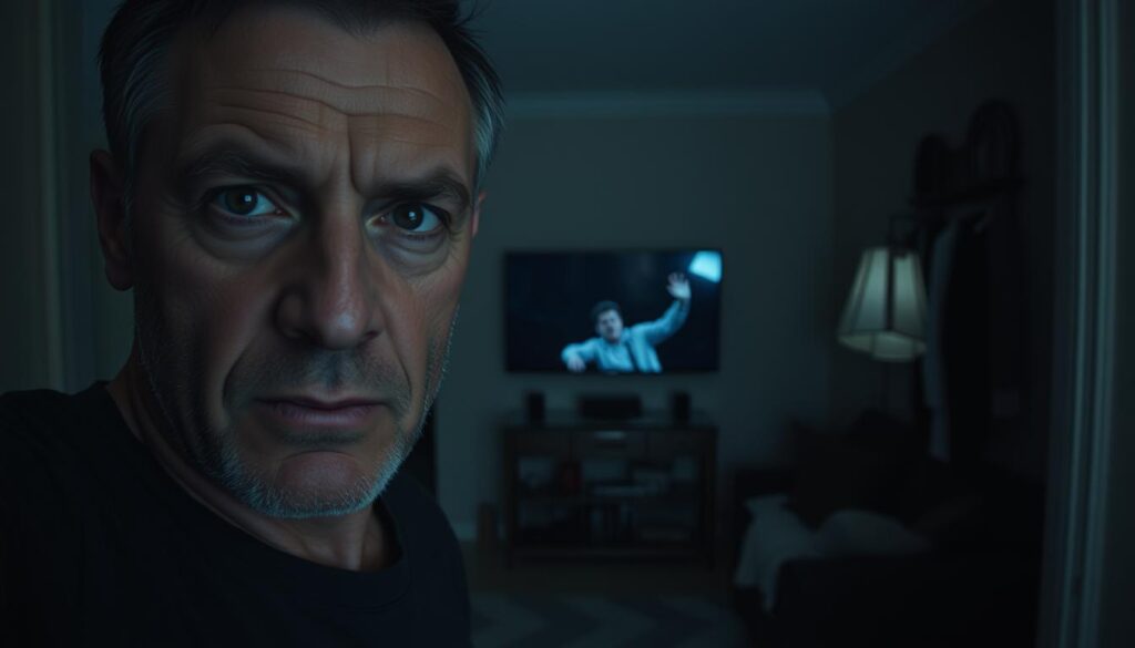 A dark, cinematic scene of the final days of Felix Baumgartner's life, captured through gritty, hand-held video footage. In the foreground, a weathered, anguished face stares intently at the camera, conveying a sense of impending doom. The middle ground is shrouded in moody, low-key lighting, revealing fragments of a sparse, confined living space. In the background, a wall-mounted display flickers with ominous, glitching footage, hinting at the tragic events to come. The overall atmosphere is one of raw, intense emotion and a pervading sense of foreboding, befitting the somber subject matter.