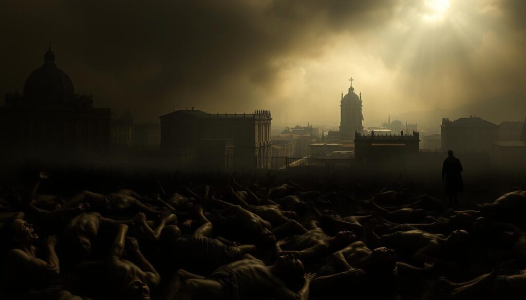 A dark, foreboding landscape shrouded in an ominous haze, the spread of the devastating plague, "Pest und ihre Ausbreitung", unfolds. In the foreground, a mass of writhing, afflicted figures lays sprawled, their anguished expressions conveying the horrors of the contagion. The middle ground reveals a bleak, deserted cityscape, its once-vibrant streets now abandoned, doors and windows barred against the unseen menace. In the distance, a looming, ominous presence - perhaps the shadow of Pope Gregory IX, whose actions were central to the plague's dissemination - casts an ominous pall over the scene. The lighting is somber, casting deep shadows and emphasizing the overwhelming sense of dread and despair. The overall tone is one of utter desolation, a haunting testament to the devastating impact of the "Pest" and its relentless spread.