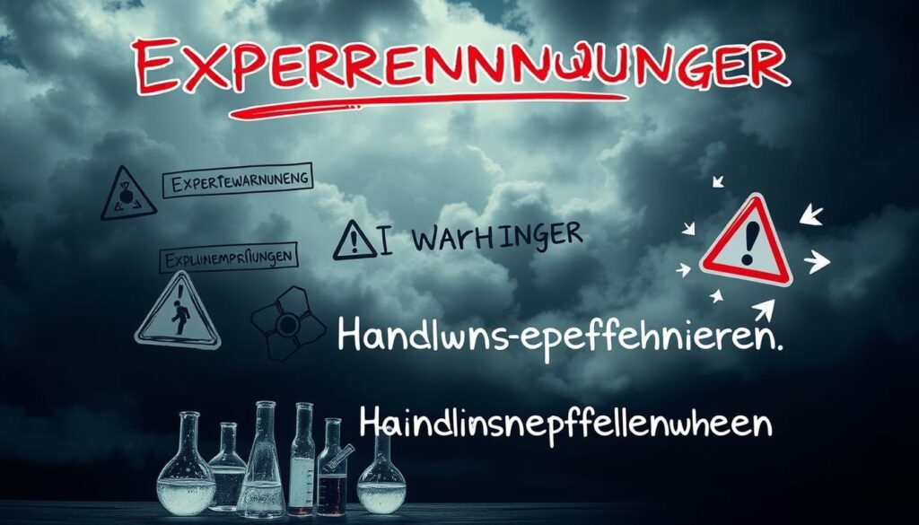 A dark, ominous backdrop of looming storm clouds sets the stage. In the foreground, a cluster of scientific beakers and test tubes emanate an eerie, otherworldly glow, hinting at the potential dangers within. Overlaying this, a series of bold, hand-sketched warning signs and cautionary symbols convey the gravity of the "Expertenwarnungen" at the heart of the scene. In the middle ground, a sense of urgency is evoked through the dynamic, swirling motion of stylized arrows and danger symbols, guiding the viewer towards the "Handlungsempfehlungen" - the critical steps to be taken. The overall mood is one of foreboding, underscoring the seriousness of the scientific findings and the need for immediate, decisive action.