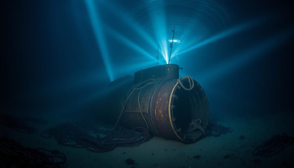 A deep underwater scene, the wreckage of the USS F-1 submarine resting on the seafloor at a depth of 400 meters. The rusted, battered hull lies partially buried in the silt, surrounded by a halo of swirling marine life. Beams of ethereal light pierce the murky water, casting a haunting glow over the weathered metal. Delicate tendrils of kelp sway gently, creating an eerie, otherworldly atmosphere. The scene conveys a sense of profound isolation and the passage of time, as this long-lost vessel is finally rediscovered, its story preserved in the depths.