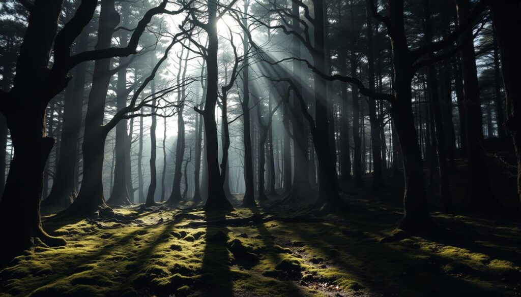 A densely forested landscape, the Aokigahara forest in Japan, shrouded in an eerie, somber atmosphere. Tall, ancient trees with twisted, gnarled branches cast long shadows across the forest floor, creating a sense of isolation and melancholy. The ground is blanketed in a thick layer of moss, dampening the sound of footsteps. Sunlight filters through the canopy, casting a soft, diffused glow that adds to the mystical, almost otherworldly ambiance. In the distance, a faint mist obscures the horizon, heightening the sense of mystery and the weight of the forest's history. The scene evokes a palpable sense of seclusion and introspection, hinting at the tragedies that have unfolded within this haunting, yet beautiful, natural setting.