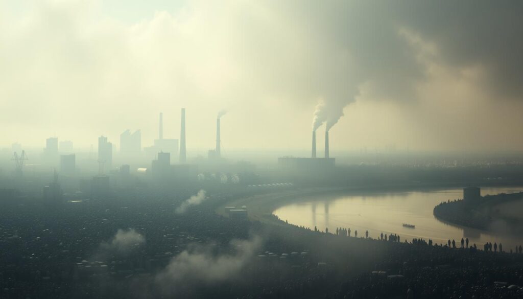 A densely populated city skyline, hazy with smog, looming over a polluted river. In the foreground, a teeming mass of humanity, bustling and congested, their silhouettes obscured by thick, opaque air. The middle ground features towering smokestacks and industrial complexes, belching toxic fumes that shroud the landscape. The background is a blurred, muted palette of grays and browns, a grim representation of the environmental toll of rapid, unchecked population growth. Moody, cinematic lighting casts dramatic shadows, conveying a sense of urgency and unease. The overall scene is a visually striking and unsettling depiction of the tension between population expansion and environmental degradation.