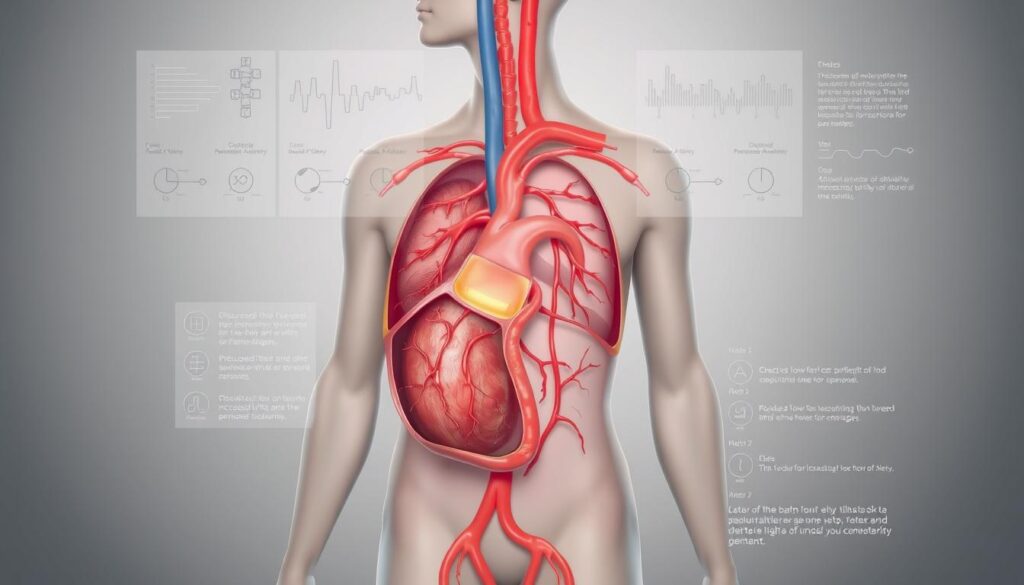 A detailed anatomical illustration depicting the effects of sexual abstinence on blood pressure and circulation. In the foreground, a cross-sectional view of the male body, showcasing the cardiovascular system with arteries, veins, and capillaries. The circulatory pathways are highlighted, illustrating reduced blood flow and increased blood pressure due to the lack of sexual activity. In the middle ground, a subtle overlay of scientific diagrams and charts, providing technical information on the physiological changes. The background features a muted, minimalist color palette, creating a clinical and informative atmosphere. Rendered with a precise, technical style using a combination of realistic and schematic elements to effectively communicate the subject matter.
