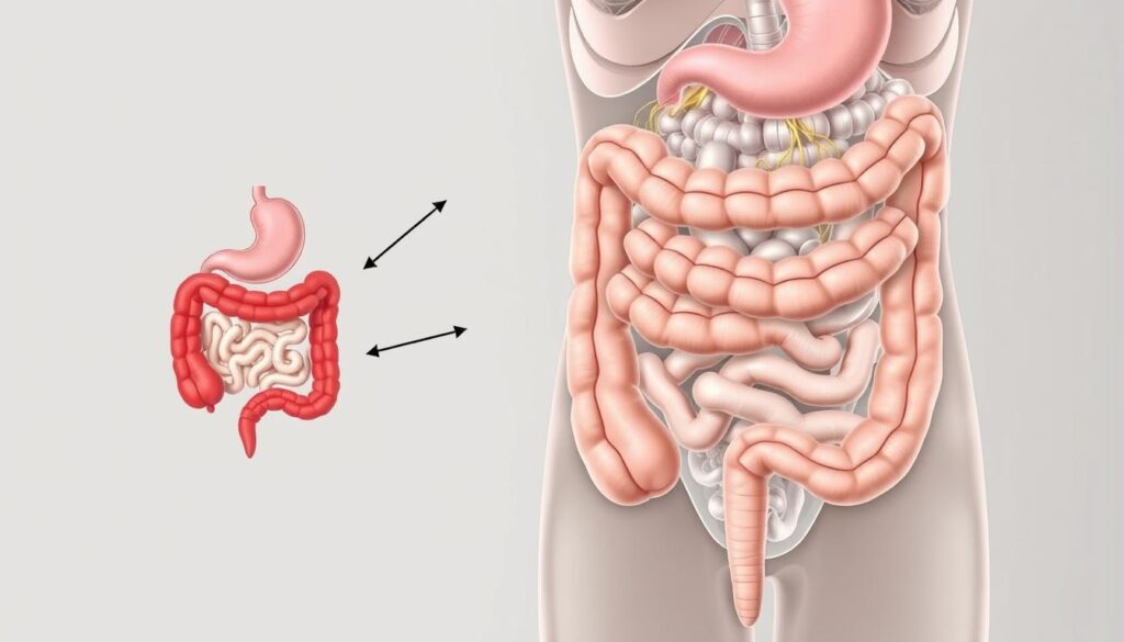 A detailed anatomical illustration of the digestive system, showcasing the connection between irritable bowel syndrome (IBS) and the gastrocolic reflex. In the foreground, a cross-section of the intestines displays the distended, inflamed colon characteristic of IBS. In the middle ground, the stomach and small intestine are visible, with arrows indicating the gastrocolic reflex pathway. The background features a detailed rendering of the entire digestive tract, highlighting the intricate network of nerves and muscle contractions that govern the gut-brain axis. The image is rendered with a technical, medical illustration style, using a muted color palette and precise, clean lines to convey the complex physiological mechanisms at play.