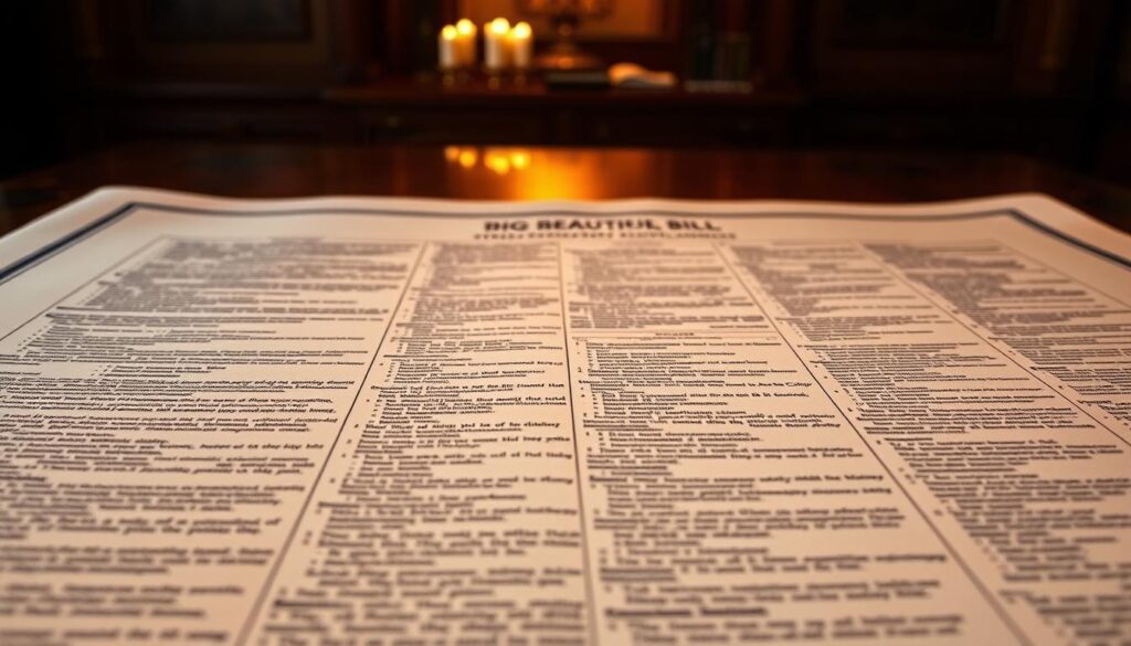 A detailed blueprint of the Big Beautiful Bill, meticulously captured in a wide, high-resolution photograph. The foreground displays the bill's contents - a comprehensive set of policies and initiatives, each neatly organized and presented with a sense of grandeur. The middle ground showcases the sheer scale and complexity of the document, its pages spread out to reveal the intricate web of legislation. In the background, a soft, warm lighting casts a subtle glow, lending an air of authority and importance to the scene. The composition emphasizes the bill's significance, inviting the viewer to explore its intricate details and understand the breadth of its ambition.